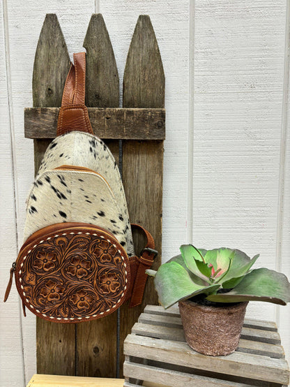 American Darling Genuine Tooled Leather Cowhide Hair-On Conceal Carry Sling Backpack ADBG1521-Painted Cowgirl Western Store