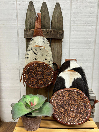 American Darling Genuine Tooled Leather Cowhide Hair-On Conceal Carry Sling Backpack ADBG1521-Painted Cowgirl Western Store