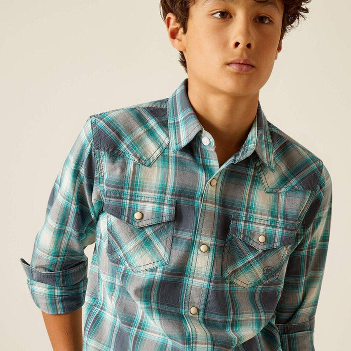 Ariat Boy's Egret Plaid Harrington Retro Fit  Long Sleeve Western Shirt 10048667-Painted Cowgirl Western Store