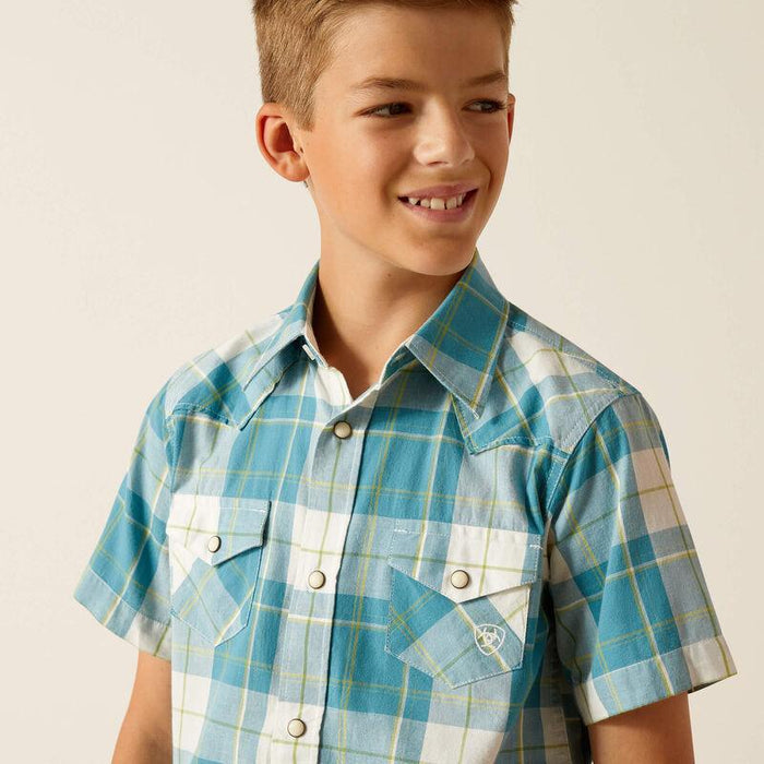 Ariat Boy's Gasoline Plaid Harry Retro Fit Short Sleeve Western Shirt 10051405-Painted Cowgirl Western Store