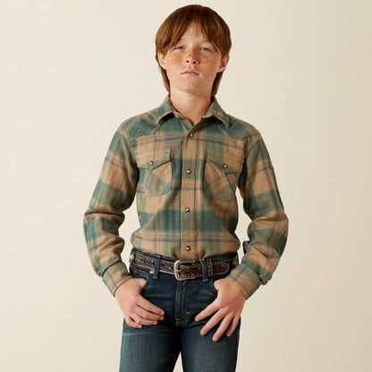 Ariat Boy's Huxlee Deep Teal Plaid Retro Pearl Snap Long Sleeve Western Shirt 10062468