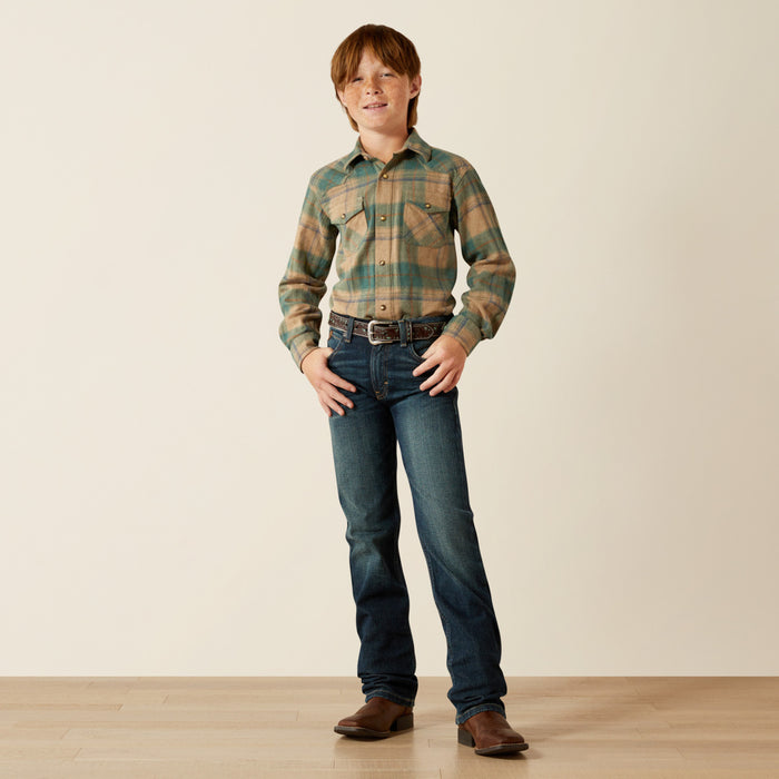 Ariat Boy's Huxlee Deep Teal Plaid Retro Pearl Snap Long Sleeve Western Shirt 10062468