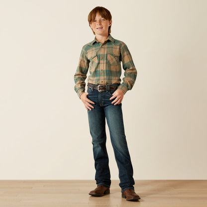 Ariat Boy's Huxlee Deep Teal Plaid Retro Pearl Snap Long Sleeve Western Shirt 10062468