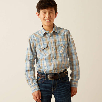 Ariat Boy's Light Blue Plaid Howe Retro Fit Long Sleeve Snap Western Shirt 10058727