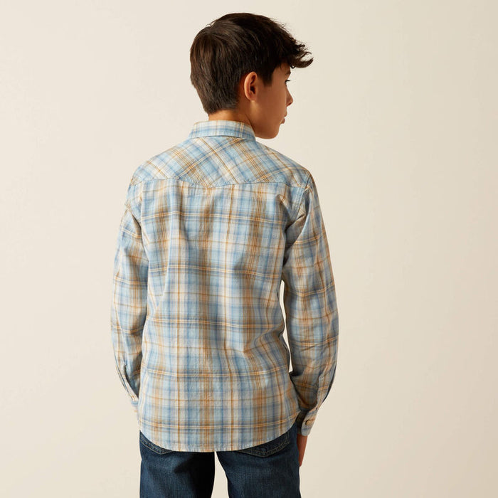 Ariat Boy's Light Blue Plaid Howe Retro Fit Long Sleeve Snap Western Shirt 10058727