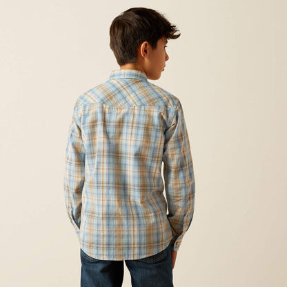 Ariat Boy's Light Blue Plaid Howe Retro Fit Long Sleeve Snap Western Shirt 10058727