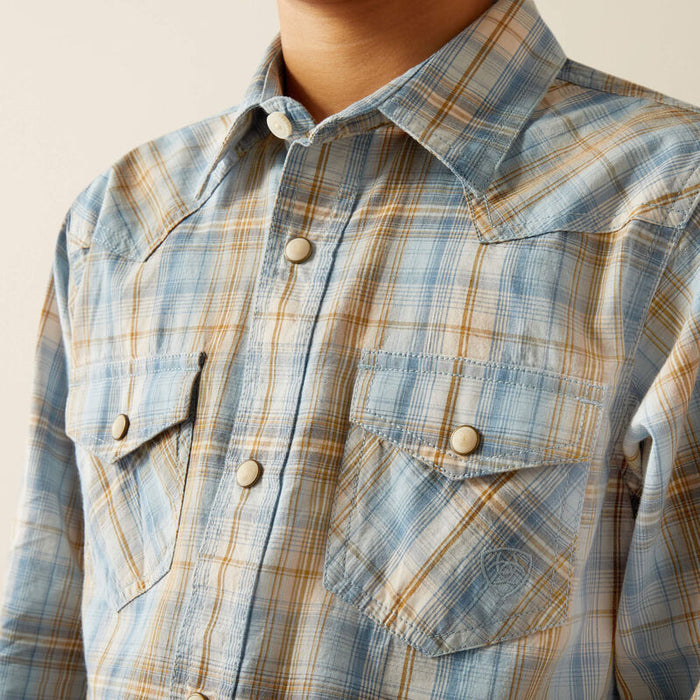 Ariat Boy's Light Blue Plaid Howe Retro Fit Long Sleeve Snap Western Shirt 10058727