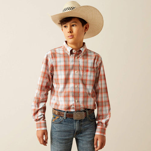 Ariat Boy's Orange Plaid Pro Series Wallis Classic Fit Long Sleeve Button Western Shirt 10058725