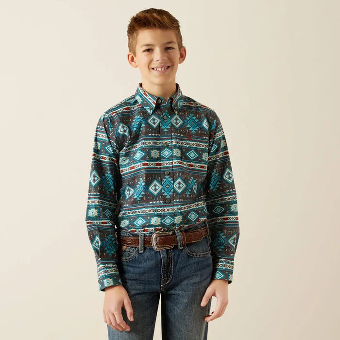 Ariat Boy's Prestcot Teal Long Sleeve Button Western Shirt 10054072-Painted Cowgirl Western Store
