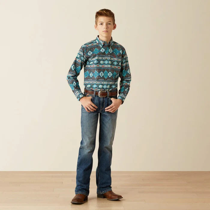 Ariat Boy's Prestcot Teal Long Sleeve Button Western Shirt 10054072-Painted Cowgirl Western Store