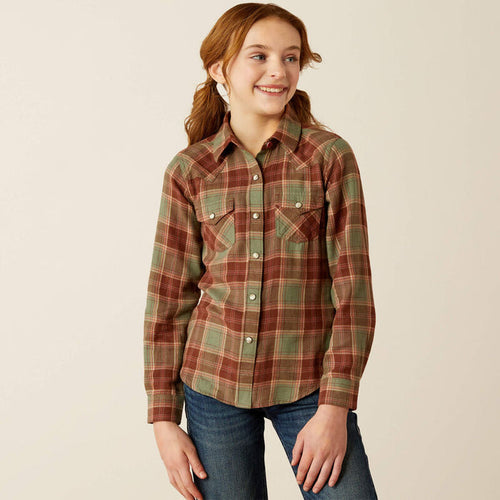 Ariat Girl's Ava Oakwood Plaid Long Sleeve Snap Western Shirt 10054009-Painted Cowgirl Western Store