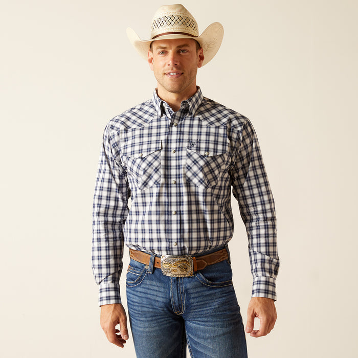Ariat Men's Pro Series Ezra White & Navy Plaid Snap Long Sleeve Western Shirt 10051273-Painted Cowgirl Western Store
