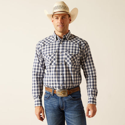 Ariat Men's Pro Series Ezra White & Navy Plaid Snap Long Sleeve Western Shirt 10051273-Painted Cowgirl Western Store