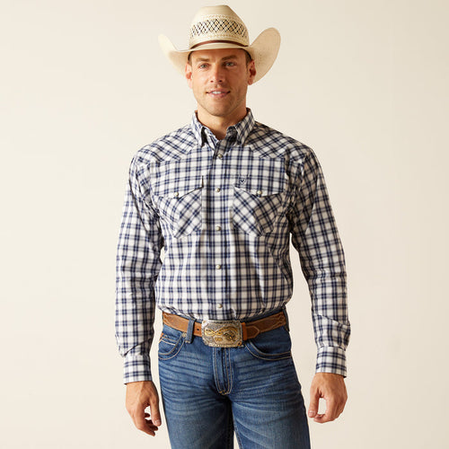 Ariat Men's Pro Series Ezra White & Navy Plaid Snap Long Sleeve Western Shirt 10051273-Painted Cowgirl Western Store