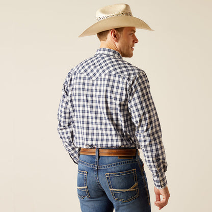 Ariat Men's Pro Series Ezra White & Navy Plaid Snap Long Sleeve Western Shirt 10051273-Painted Cowgirl Western Store