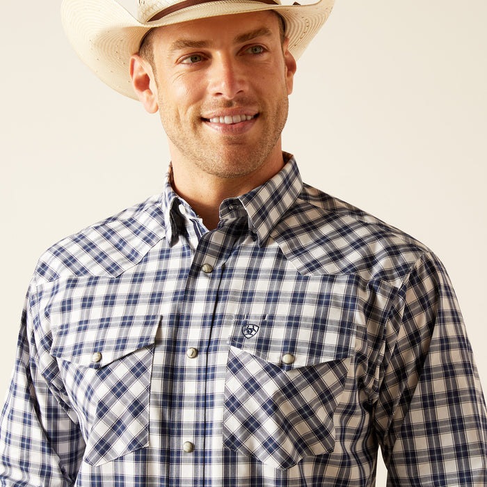 Ariat Men's Pro Series Ezra White & Navy Plaid Snap Long Sleeve Western Shirt 10051273-Painted Cowgirl Western Store