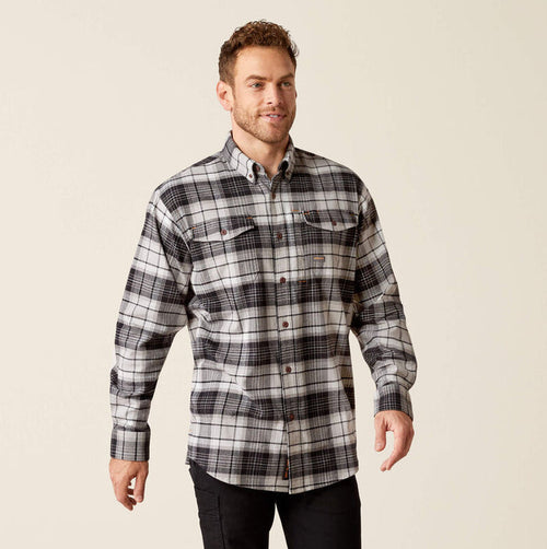 Ariat Men's Rebar Charcoal Plaid Flannel DuraStretch Button Long Sleeve Work Shirt 10051973