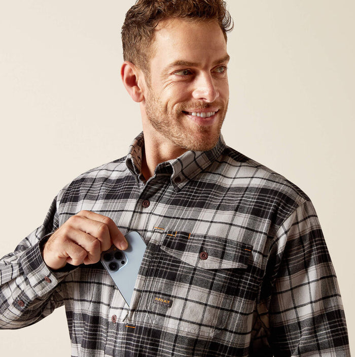 Ariat Men's Rebar Charcoal Plaid Flannel DuraStretch Button Long Sleeve Work Shirt 10051973