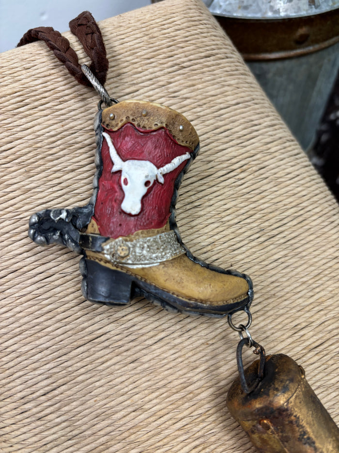Art By Amy Ceramic Cowboy Boot Braided Leather Tassel Necklace-Painted Cowgirl Western Store