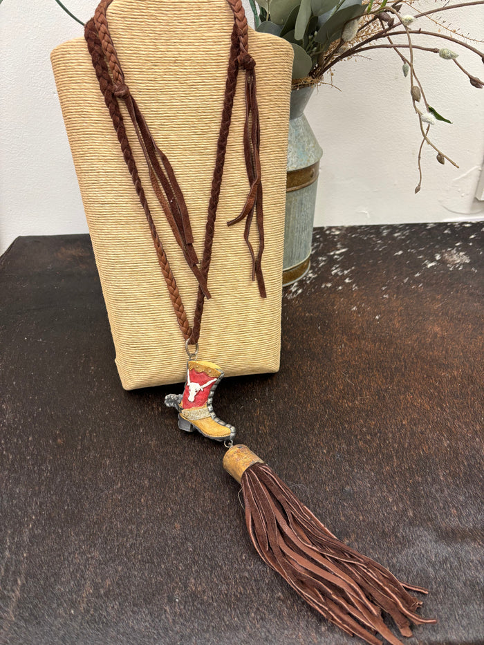 Art By Amy Ceramic Cowboy Boot Braided Leather Tassel Necklace-Painted Cowgirl Western Store