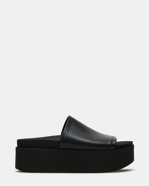 ARWEN Black Leather Women's Platform Footbed Slide Chunky Sandal | Steve Madden
