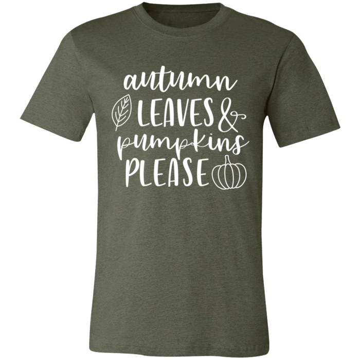 Autumn Leaves and Pumpkins Please graphic t-shirt in Heather Military Green