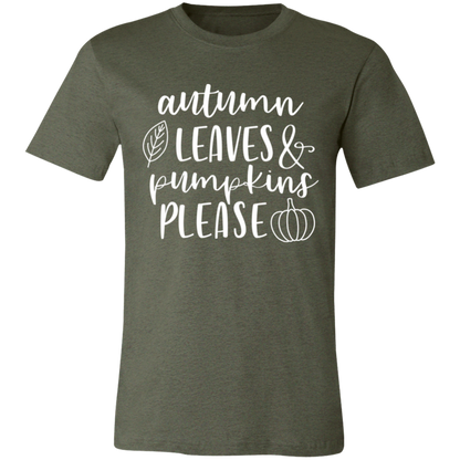 Autumn Leaves and Pumpkins Please graphic t-shirt in Heather Military Green