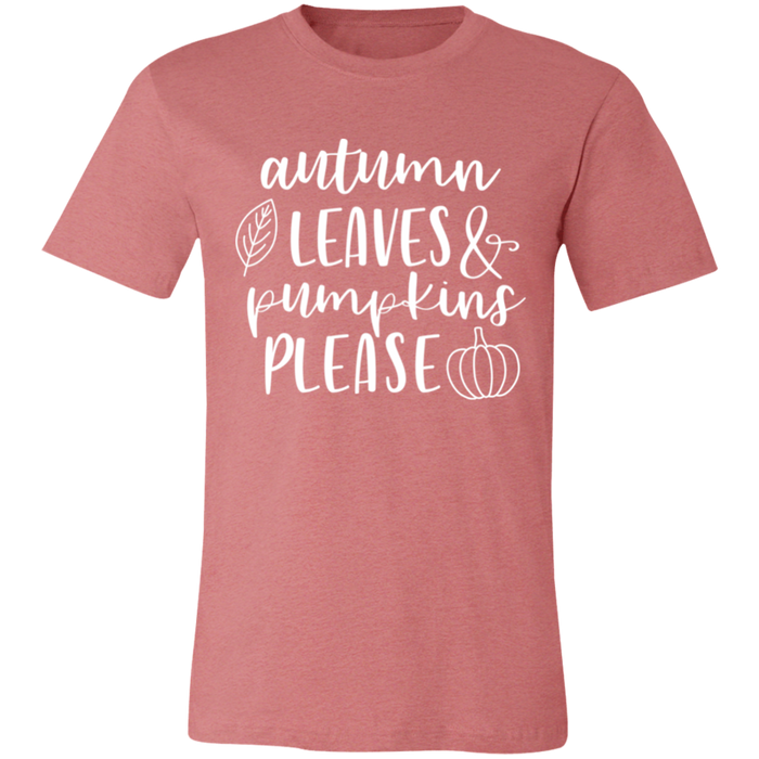 Autumn Leaves and Pumpkins Please graphic t-shirt in Heather Mauve