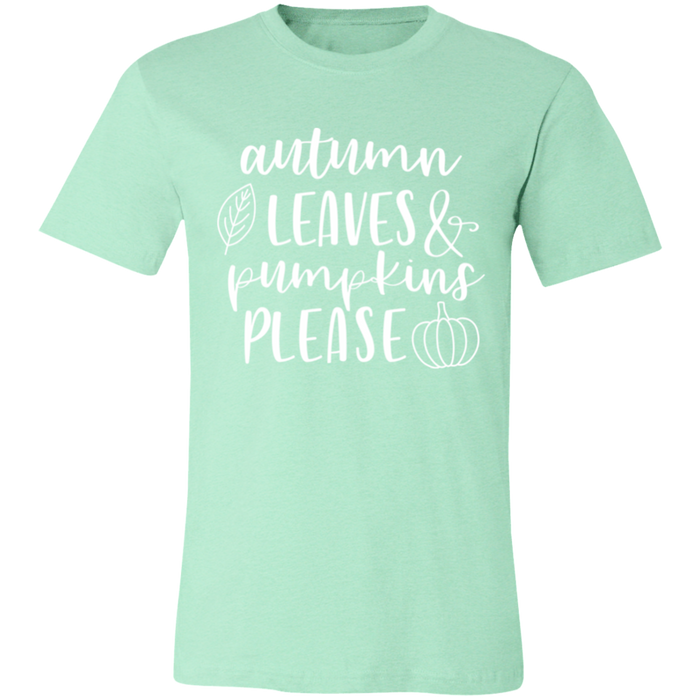 Autumn Leaves and Pumpkins Please graphic t-shirt in Heather Mint