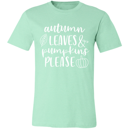 Autumn Leaves and Pumpkins Please graphic t-shirt in Heather Mint