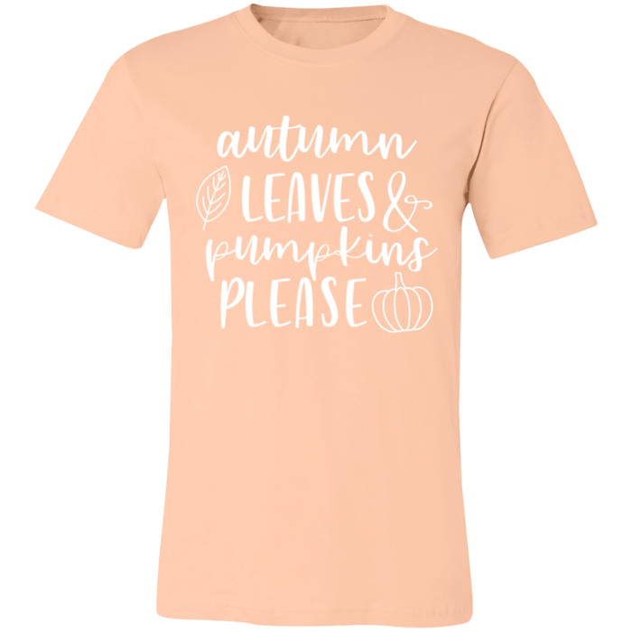 Autumn Leaves and Pumpkins Please graphic t-shirt in Heather Peach