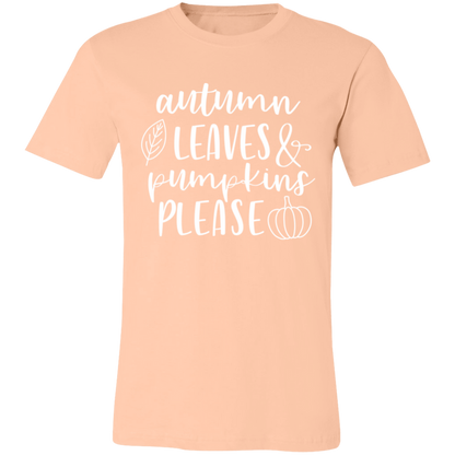 Autumn Leaves and Pumpkins Please graphic t-shirt in Heather Peach