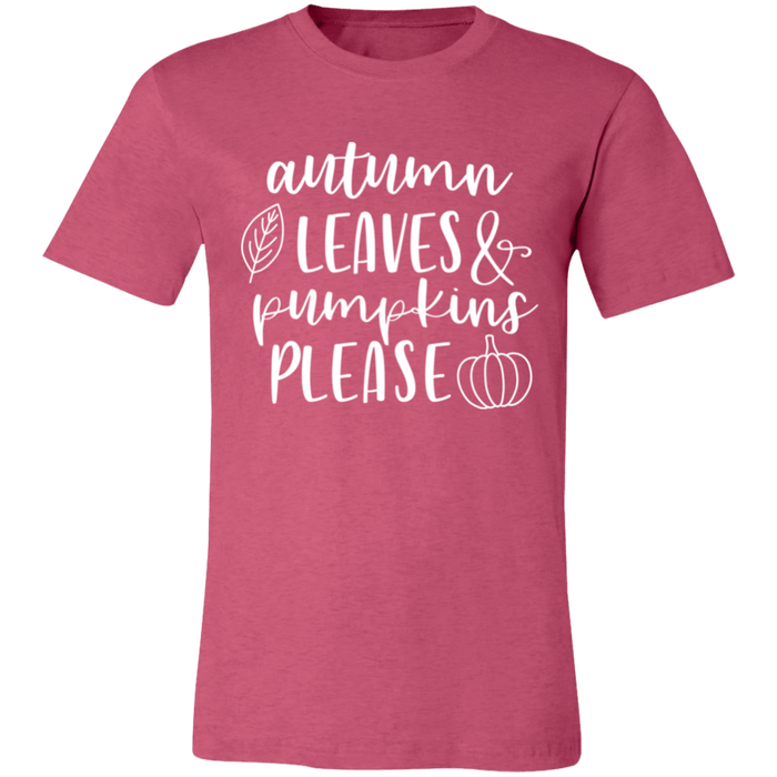 Autumn Leaves and Pumpkins Please graphic t-shirt in Heather Raspberry