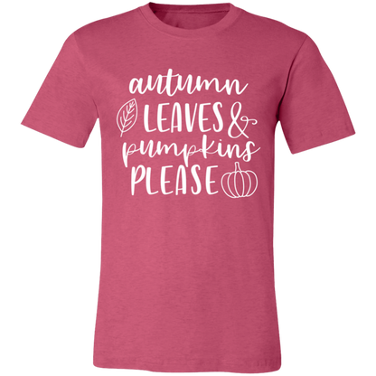 Autumn Leaves and Pumpkins Please graphic t-shirt in Heather Raspberry