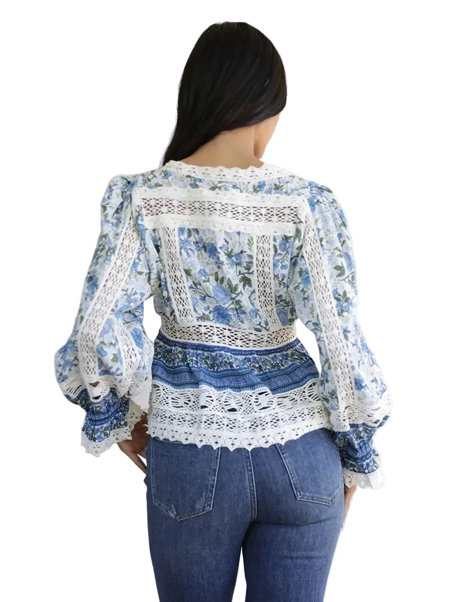 Lace Trim Tie Front Long Sleeve Blouse