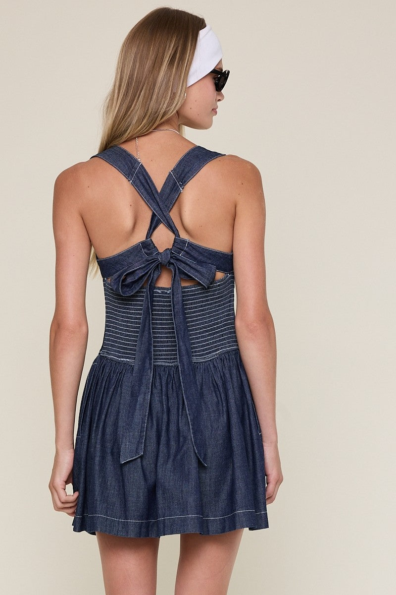 Crossed Strap Smocked Back Denim Mini