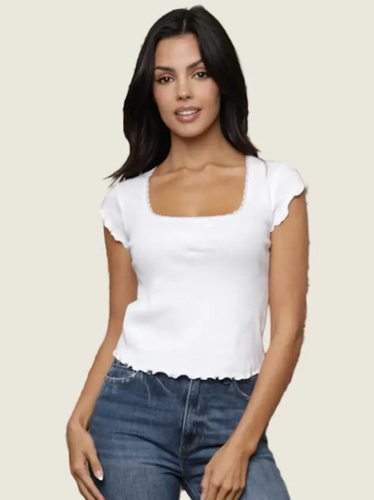 Rib Knit Lace Trim Lettuce Edges Short Sleeve Top