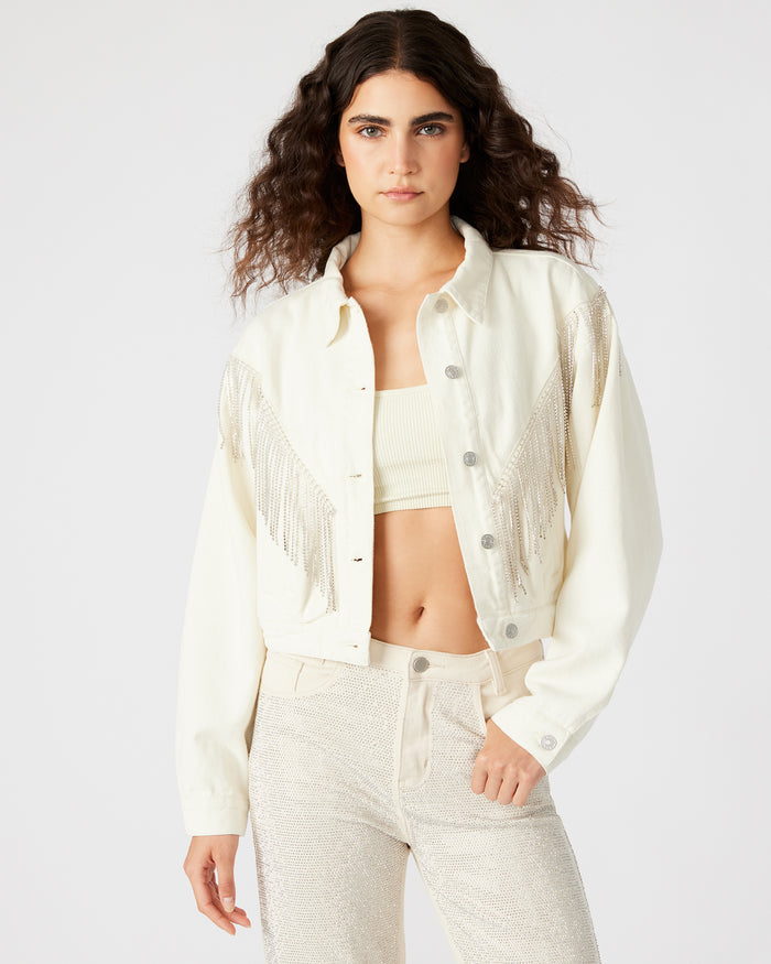 CANYON Denim Jacket Cream | Women's Rhinestone Fringe Jacket | Steve Madden