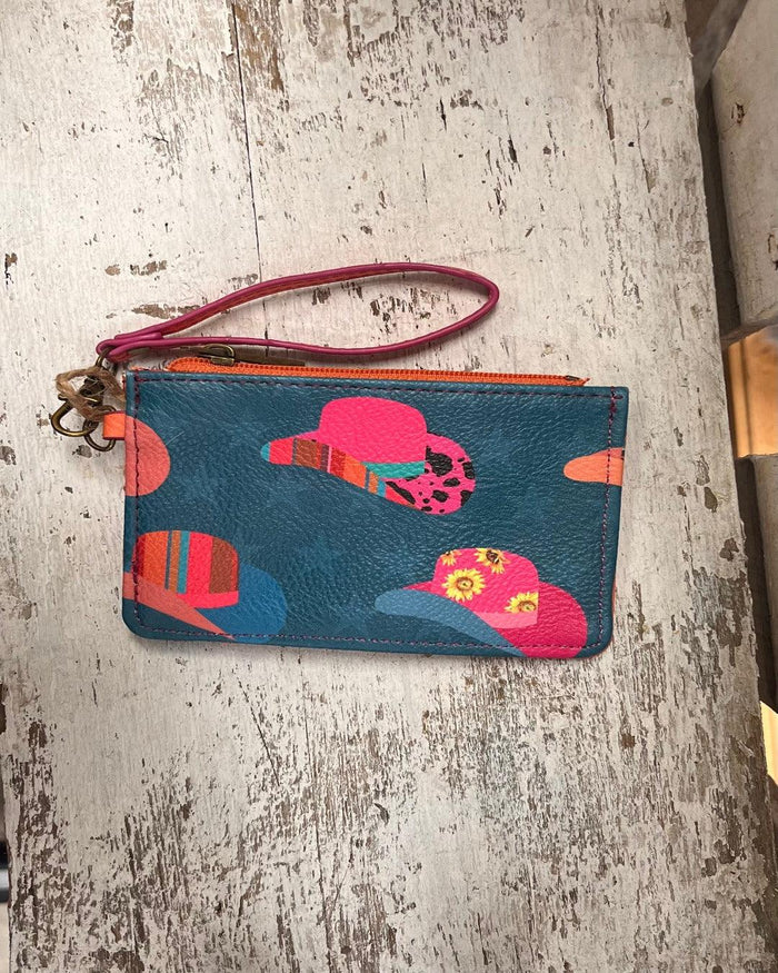Catchfly Ladies Turquoise/Pink Stars & Cowgirl Hats Mini Wallet w/Wristlet 23208625WHAT-Painted Cowgirl Western Store