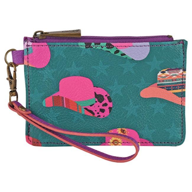 Catchfly Ladies Turquoise/Pink Stars & Cowgirl Hats Mini Wallet w/Wristlet 23208625WHAT-Painted Cowgirl Western Store