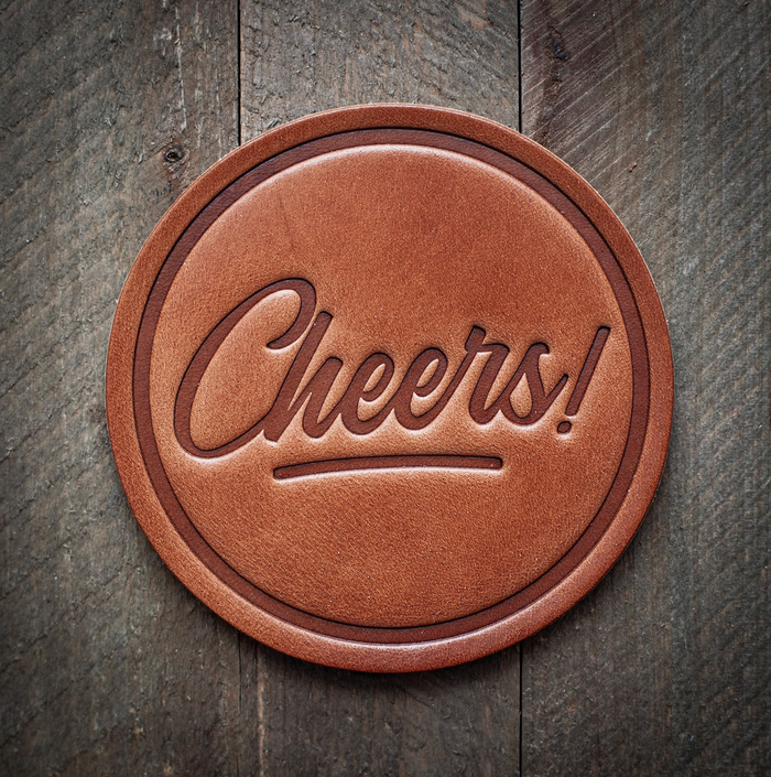 "Cheers!" Hand Pressed Leather Coaster