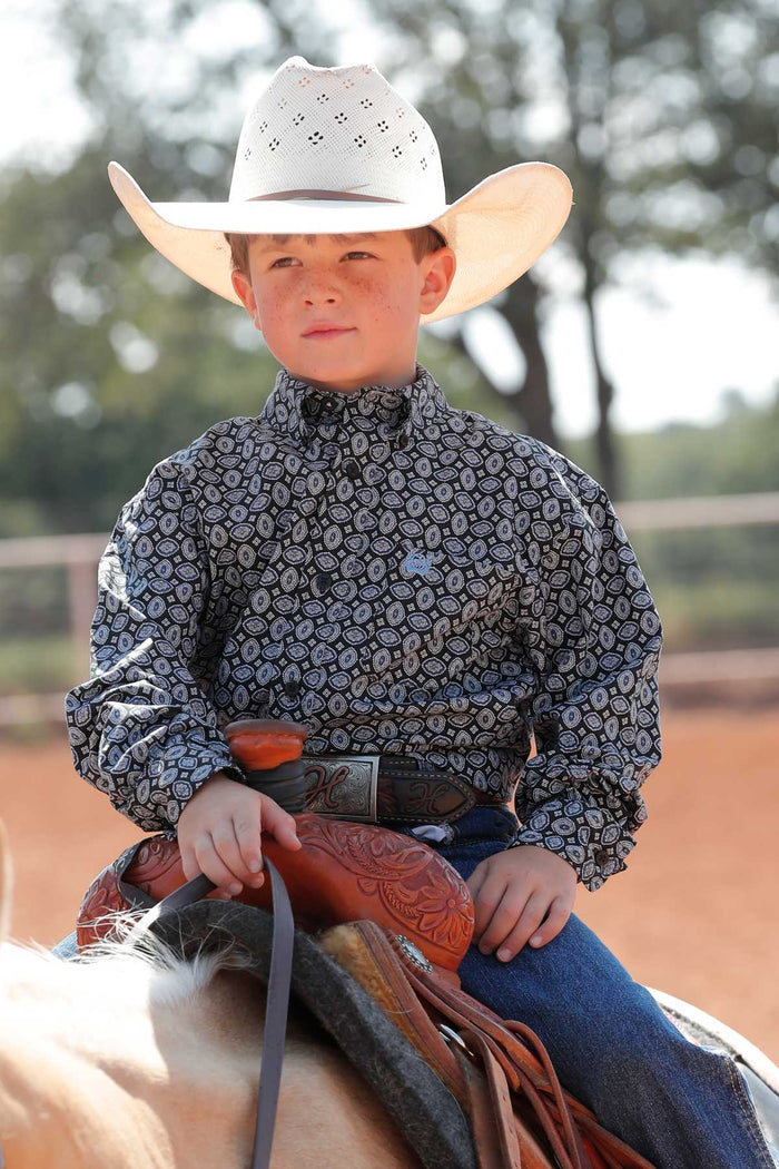 Cinch Boy's Black Geo Print Button Long Sleeve Western Shirt MTW7060347