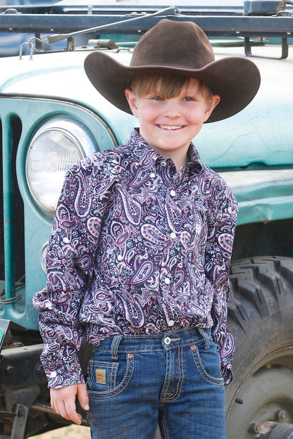 Cinch Boy's Infant/Toddler Dark Purple/Pink Paisley Print Button Long Sleeve Western Shirt MTW7060378 MTW7061378 MTW7062378