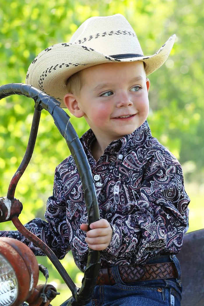 Cinch Boy's Infant/Toddler Dark Purple/Pink Paisley Print Button Long Sleeve Western Shirt MTW7060378 MTW7061378 MTW7062378