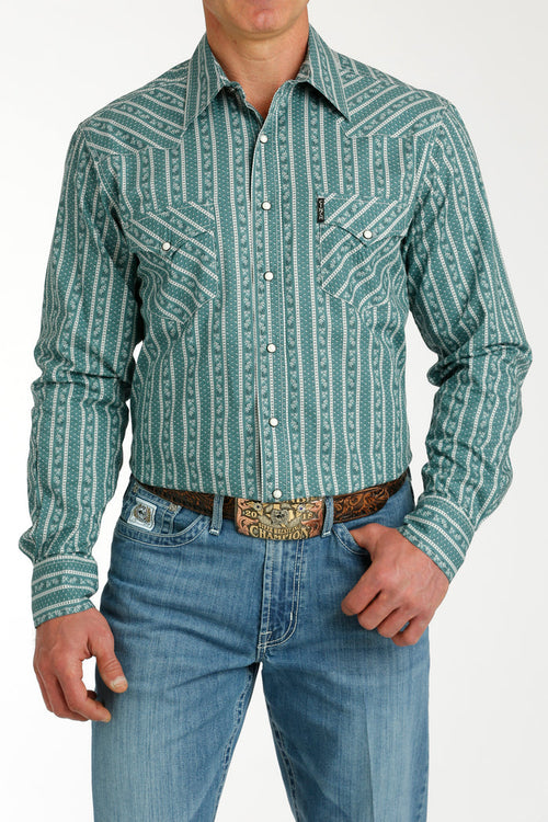 Cinch Men's Green & White Stripe Print Snap Long Sleeve Western Shirt MTW1303076