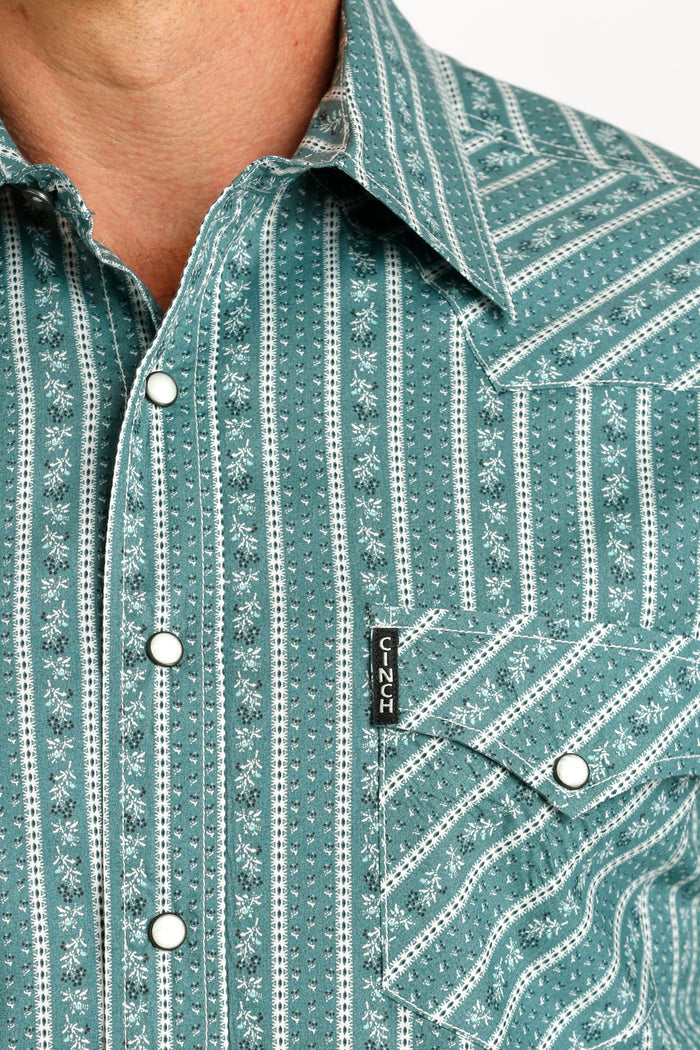 Cinch Men's Green & White Stripe Print Snap Long Sleeve Western Shirt MTW1303076