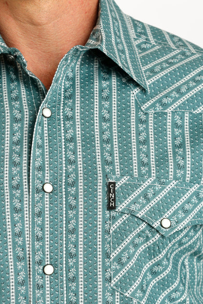 Cinch Men's Green & White Stripe Print Snap Long Sleeve Western Shirt MTW1303076