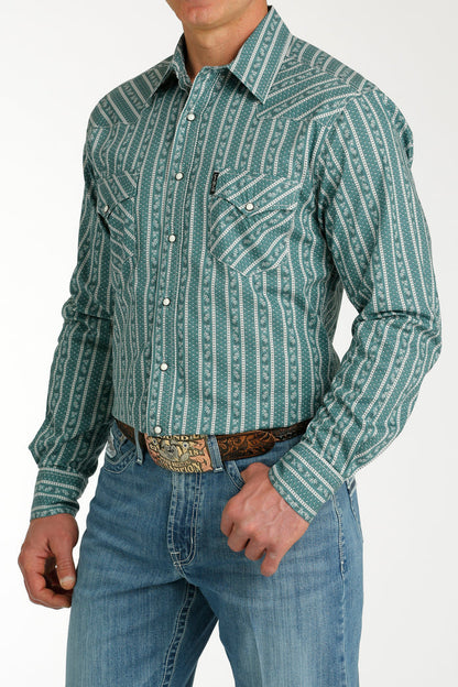 Cinch Men's Green & White Stripe Print Snap Long Sleeve Western Shirt MTW1303076