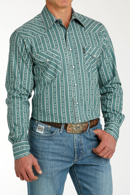 Cinch Men's Green & White Stripe Print Snap Long Sleeve Western Shirt MTW1303076