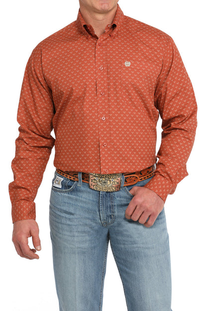 Cinch Men's Orange Steer Print Button Long Sleeve Western Shirt MTW1105847-Painted Cowgirl Western Store